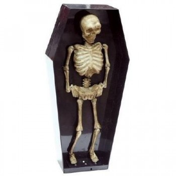 Figura decorativa de esqueleto dentro de caixão preto