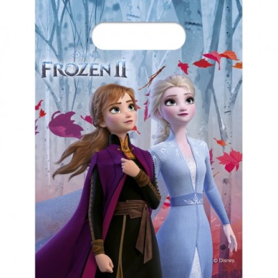 Saco plástico com personagens Frozen II Anna e Elsa, fundo de floresta e folhas coloridas