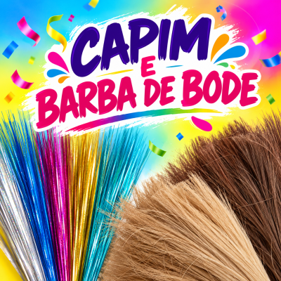 Texto colorido CAPIM E BARBA DE BODE com capim metálico e natural em fundo colorido