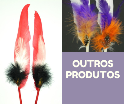 Penas vermelhas com penugem preta e branca e penas roxas, laranja e castanho com texto 'OUTROS PRODUTOS'