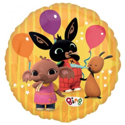 Balão redondo com personagens animados Bing, Sula e Flop e balões coloridos