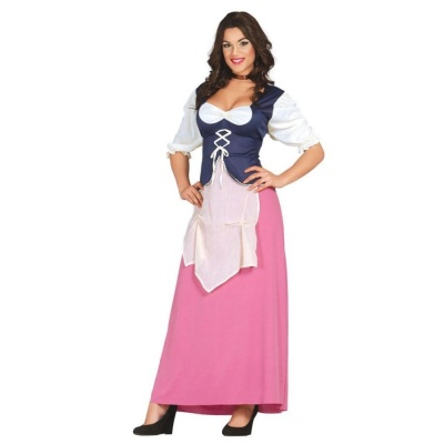 Vestido feminino longo rosa e azul com avental branco e mangas bufantes