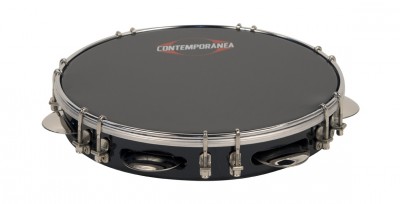 Pandeireta preta com aro cromado e marca CONTEMPORANEA