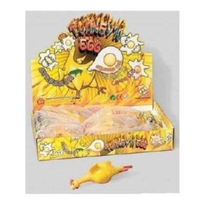 Brinquedos de pato de borracha amarelo embalados em caixa amarela com desenhos de ovos