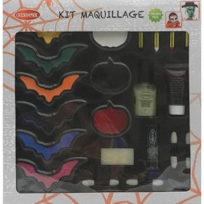Kit de maquilhagem com cores variadas em formas Halloween e esponjas em embalagem com padrão de teia de aranha