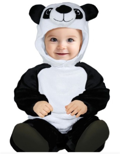 Bebé vestido com fato de panda preto e branco sentado