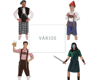 Pessoas vestidas com trajes tradicionais variados e texto VÁRIOS no centro.