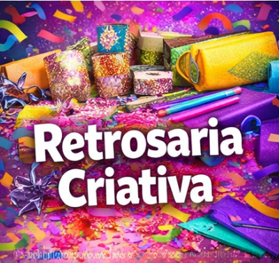Objetos de artesanato coloridos com texto Retrosaria Criativa