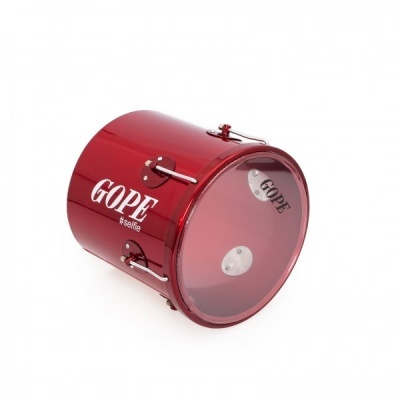 Tambor percussionista vermelho com pele transparente e logótipo GOPE