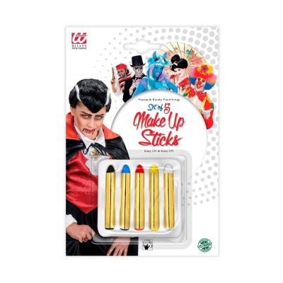 Conjunto de 5 sticks de maquilhagem coloridos em embalagem com imagem de pessoas fantasiadas