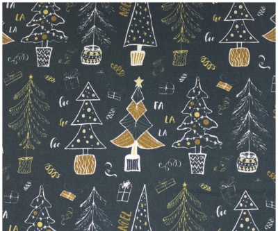 Tecido com padrão de árvores de Natal e elementos festivos em dourado, branco e cinzento sobre fundo azul escuro