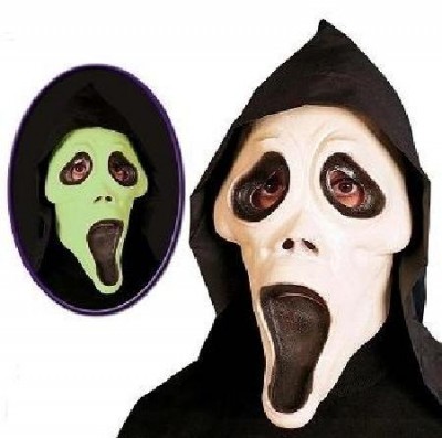 Máscara de Halloween fantasma com capuz preto, nas cores branca e verde.