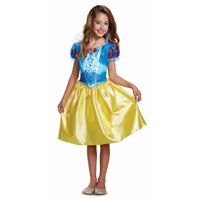 Vestido de princesa infantil azul, vermelho, branco e amarelo com menina