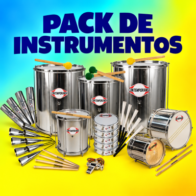 Pack de instrumentos de percussão metálicos com baquetas de madeira e logo CONTEMPORÂNEA, fundo azul e amarelo