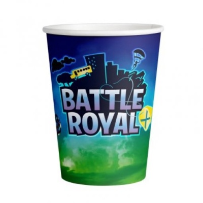 Copo de papel com design colorido e texto BATTLE ROYAL.