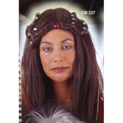 Cabeça com peruca castanha longa e lisa com enfeites vermelhos e brancos