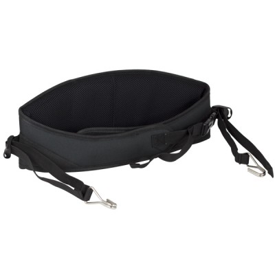 Cinto de suporte preto com cintas ajustáveis e fivelas metálicas