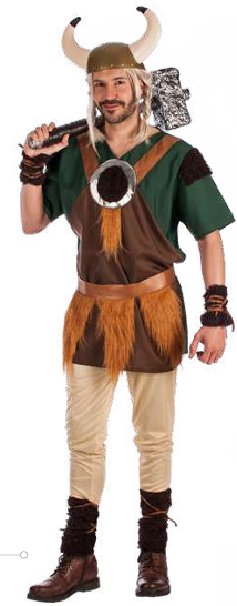 Homem com fantasia de Viking e capacete com chifres segurando machado