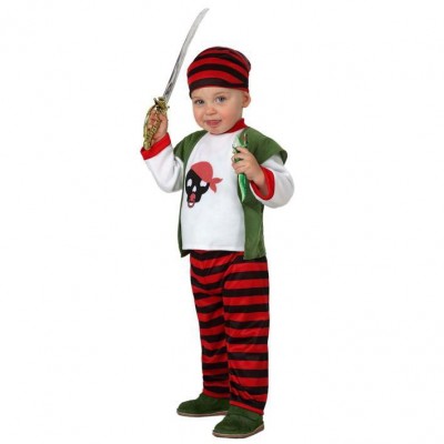 Criança com fato de pirata a segurar espada de brinquedo.