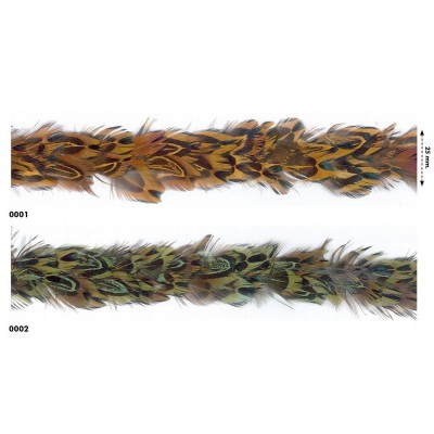 Duas fitas decorativas com penas naturais em castanho e verde, medida 2,5 cm de largura