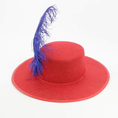 Chapéu vermelho de feltro com pena azul