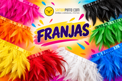 Franjas de penas coloridas em círculo com texto promocional de samba