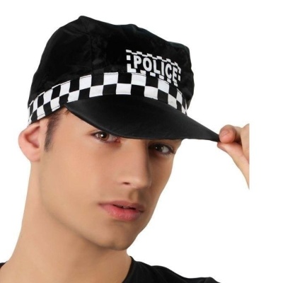 Boné preto de polícia com aba rígida e padrão quadriculado