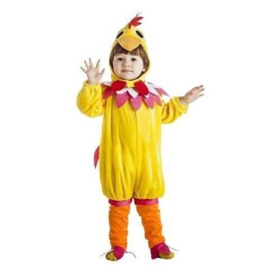 Fato de carnaval infantil amarelo com capuz de aves e detalhes vermelhos e laranja