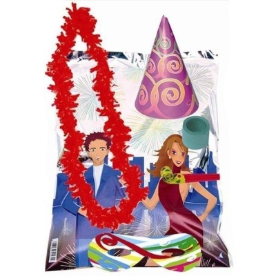 Conjunto de itens de festa coloridos em embalagem com ilustração de pessoas