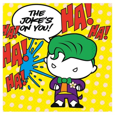 Ilustração cartoon com personagem de cabelo verde e roupa roxa, fundo amarelo com bolinhas e texto 'THE JOKE'S ON YOU!'