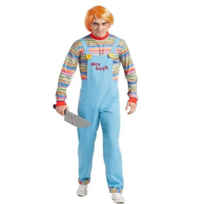 Fato azul claro com babete Nice Guys, camisa listrada colorida, peruca laranja e faca de brinquedo