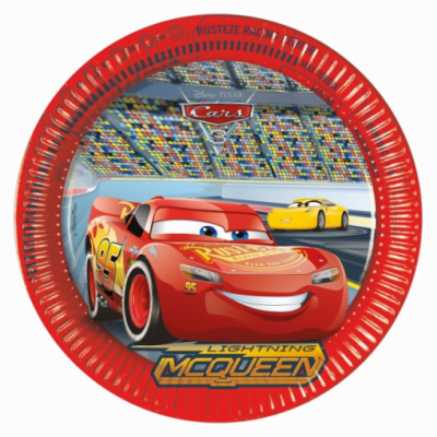 Prato de papel vermelho com Lightning McQueen e pista de corrida