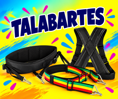 Três talabartes com diferentes cores e designs sobre fundo amarelo com texto TALABARTES.