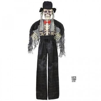 Figura decorativa esqueleto com roupa preta e chapéu