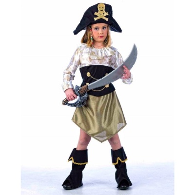 Fato de pirata infantil com chapéu, blusa, colete, saia, botas e espada