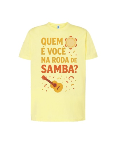 T-shirt amarela com frase e desenhos relacionados ao samba