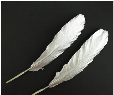 Duas penas artificiais prateadas sobre fundo preto