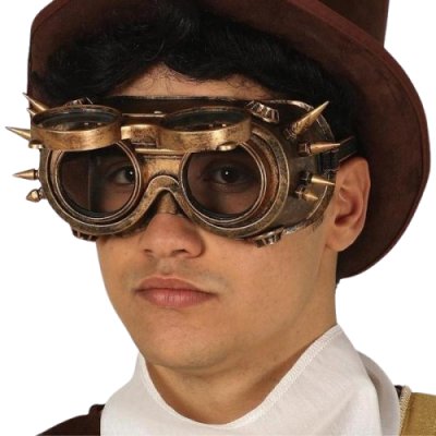 Óculos steampunk em metal bronze com espigões usados por homem com chapéu castanho