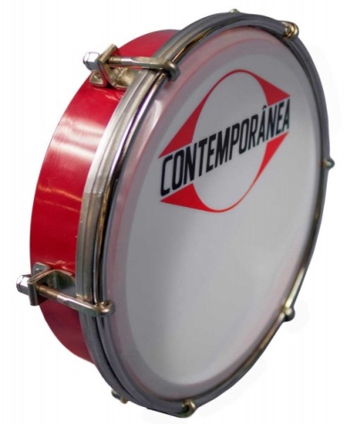Tamborim vermelho com pele branca e escrita CONTEMPORÂNEA