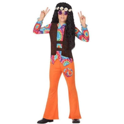 Fato de hippie com calças largas laranja e camisa colorida