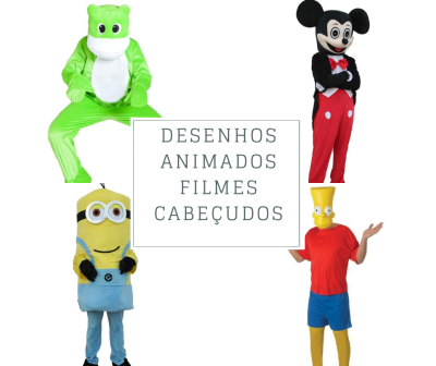 Quatro fatos de personagens de desenhos animados com texto central