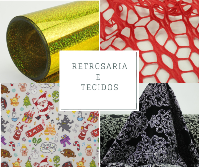Collage de diferentes tecidos com padrões variados e texto 'RETROSARIA E TECIDOS' ao centro