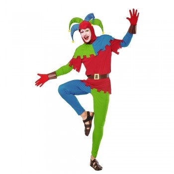 Fato de bobo da corte colorido com chapéu e sinos.