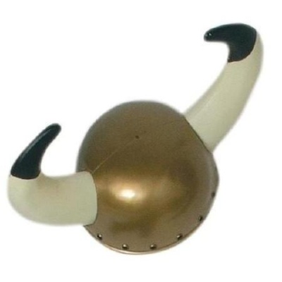 Capacete de Vikings dourado com chifres brancos e pontas pretas