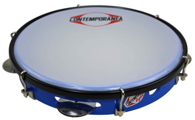 Pandeireta azul com pele branca e logo CONTEMPORANEA