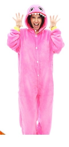 Macacão rosa felpudo com capuz decorado com olhos e dentes