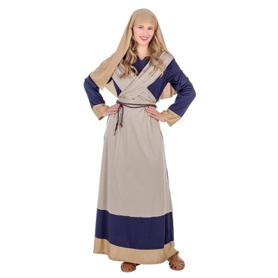 Vestido longo bege e azul escuro com capuz/beanie combinando