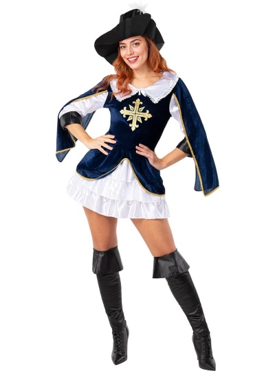 Fato azul escuro com saia branca, botins pretos e chapéu preto com pena branca