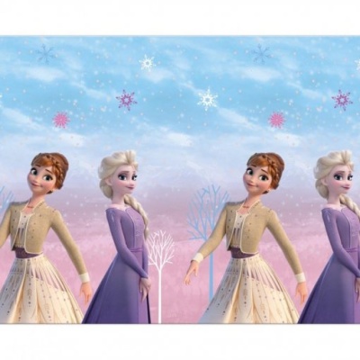 Personagens animadas em vestido lilás e creme com fundo de flocos de neve