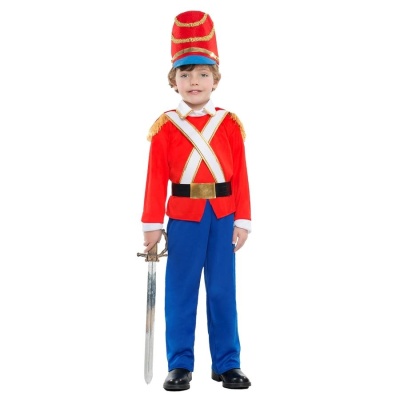 Fato de soldado infantil vermelho e azul com chapéu e espada de brinquedo